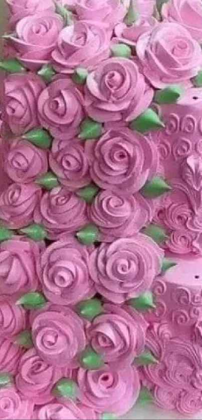 Heart-shaped pink cake with rose decorations.