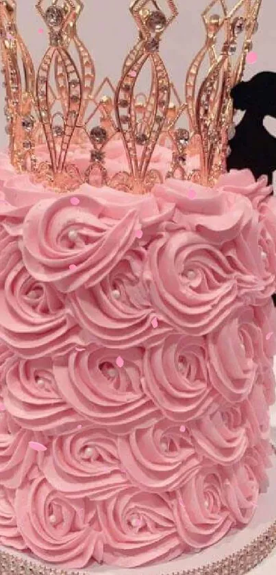 Pink rose cake with a golden crown on top, ideal for mobile wallpaper.