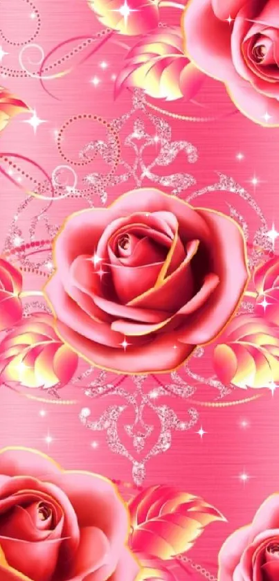 Elegant pink rose wallpaper with floral designs.