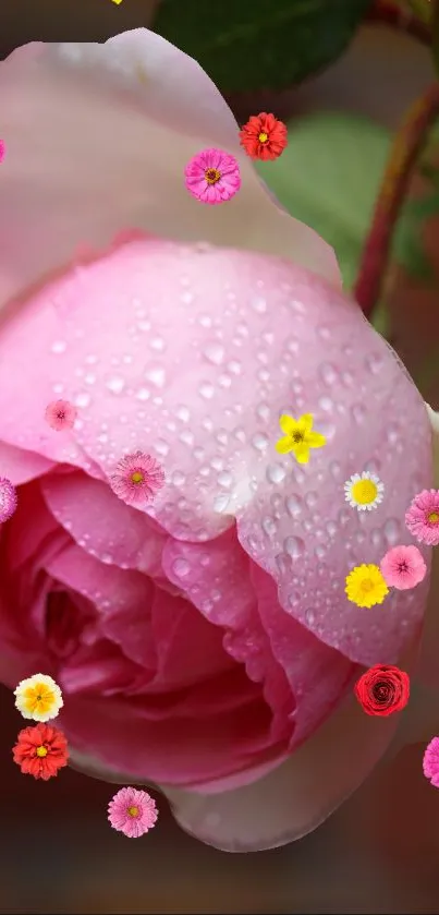 Dewy pink rose with colorful flowers.