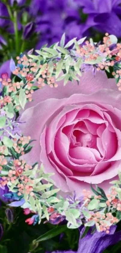 Vibrant pink rose encircled by purple flowers in a stunning mobile wallpaper design.