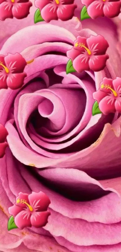 Pink rose with floral accents wallpaper.