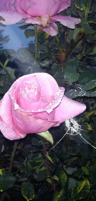 Pink rose with dew amid green leaves.