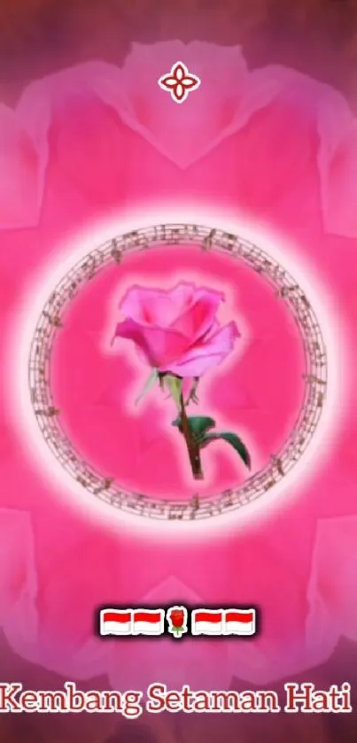 Pink rose with musical note design as wallpaper background.