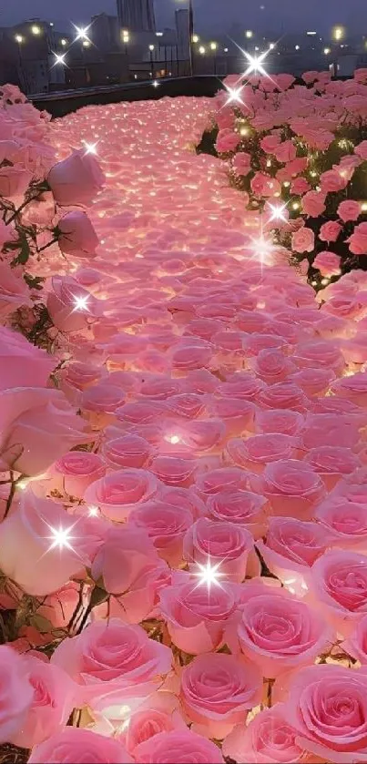 Pathway lined with glowing pink roses under city lights.