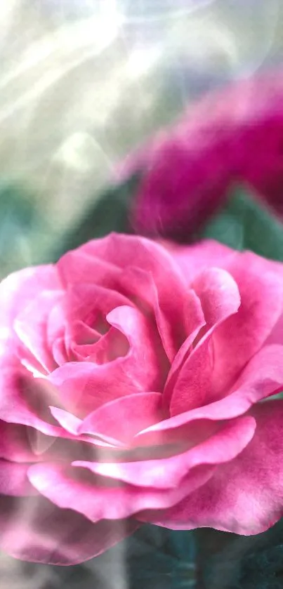 Close-up of a pink rose with soft dreamy mist.