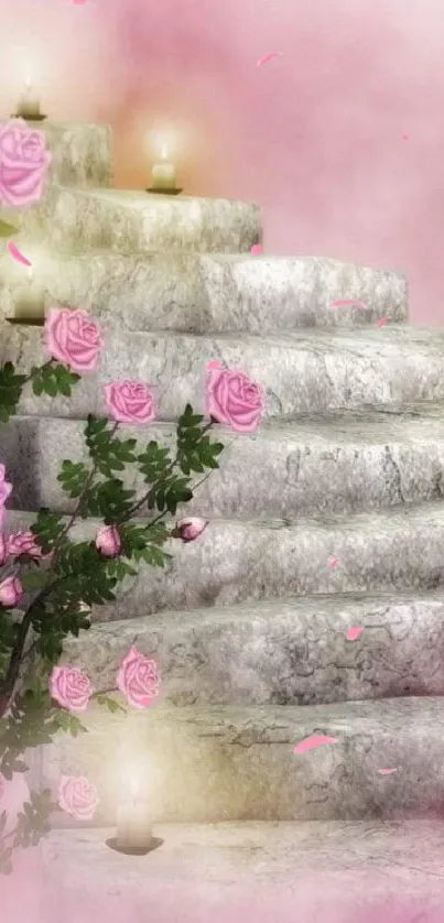 Pink rose stone steps with soft lighting and candles on a calming wallpaper.