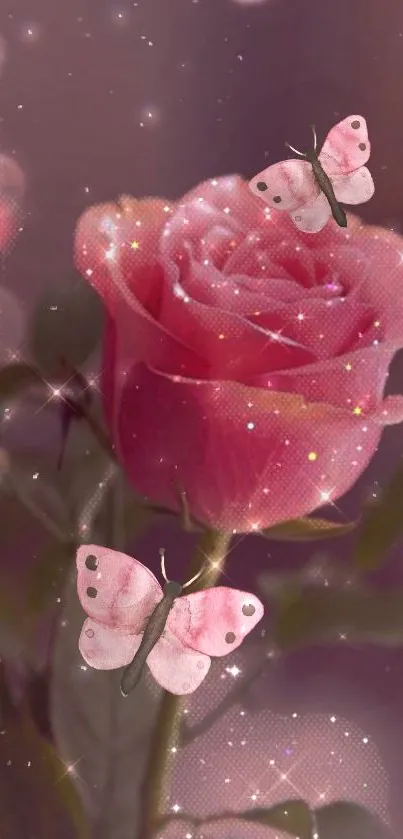 A pink rose with butterflies on a purple background.