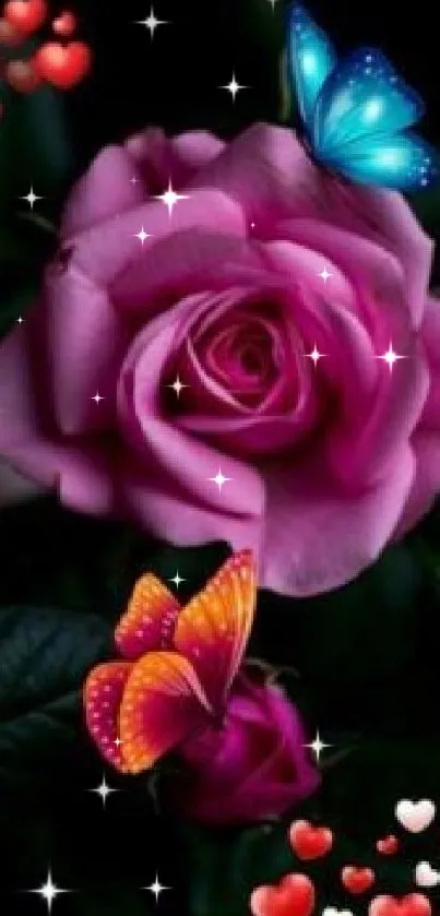 Pink rose, butterflies, and hearts on dark background wallpaper.