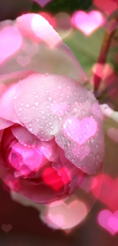 Close-up of pink rose with dewdrops on petals.