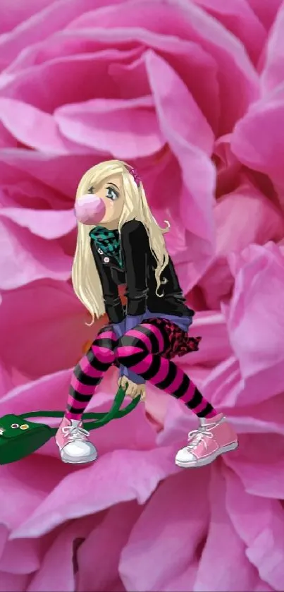 Gothic fairy sits on a large pink rose with green leaves in this mobile wallpaper.