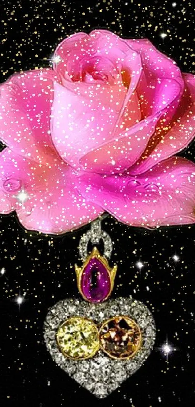 Pink rose with a jeweled heart pendant on a black background.