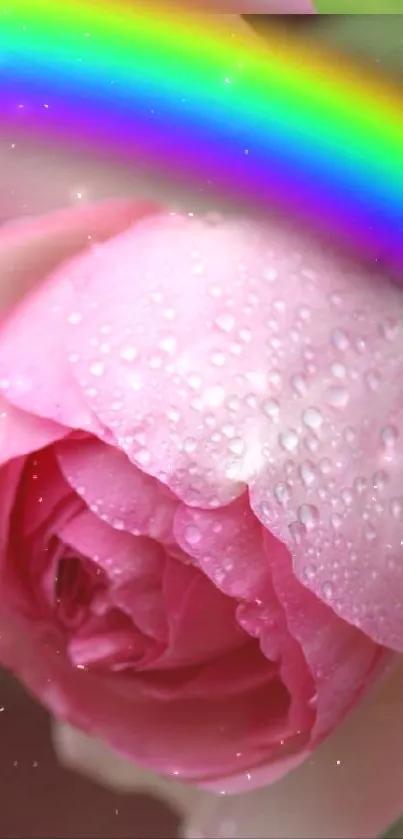 Vibrant pink rose with dewdrops under a colorful rainbow.