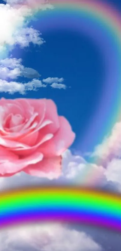 Pink rose and rainbow in cloudy sky wallpaper.