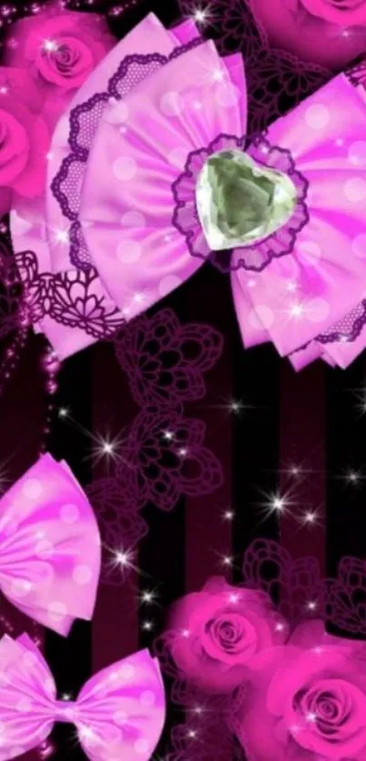 Pink roses and bow with gemstone design wallpaper.