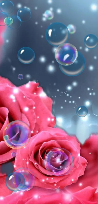 Vibrant pink roses with bubbles on a dreamy background.