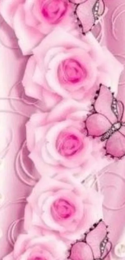 Elegant pink roses and butterfly wallpaper design.