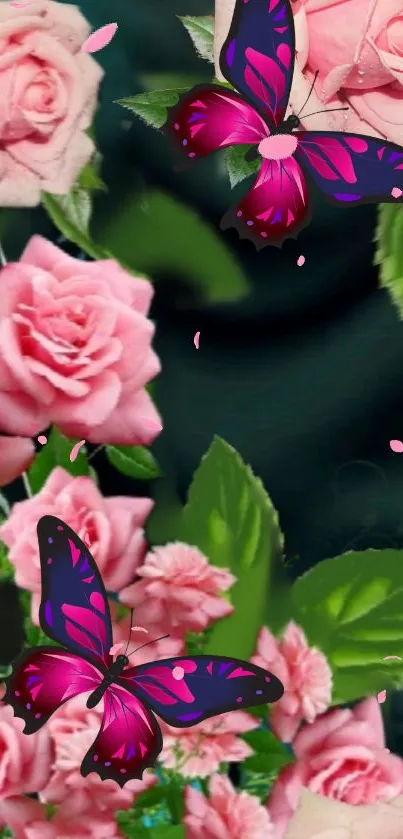 Pink roses and purple butterflies on dark wallpaper.