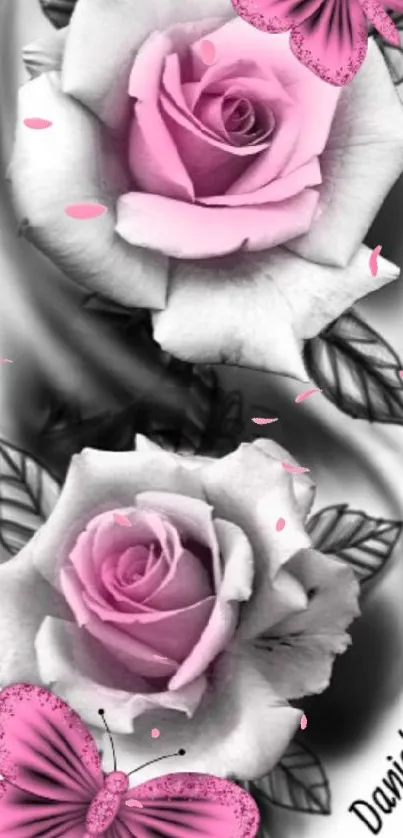 Pink roses with butterflies in artistic design.