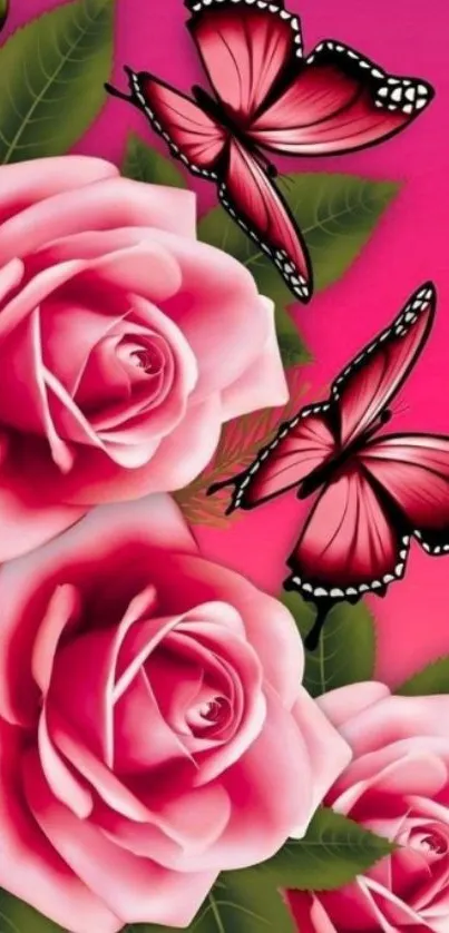 Wallpaper with pink roses and butterflies on a vibrant background.