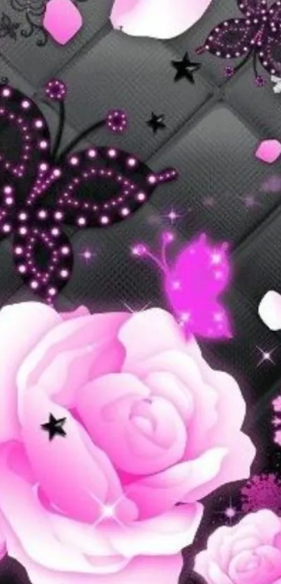 Pink roses and sparkly butterflies design wallpaper.