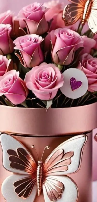 Pink roses and butterflies in an elegant design pot.