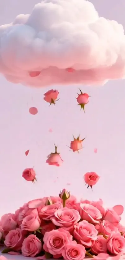 Cloud dripping pink roses on a serene background.