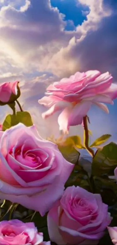 Pink roses bloom under a vibrant cloudy sky.