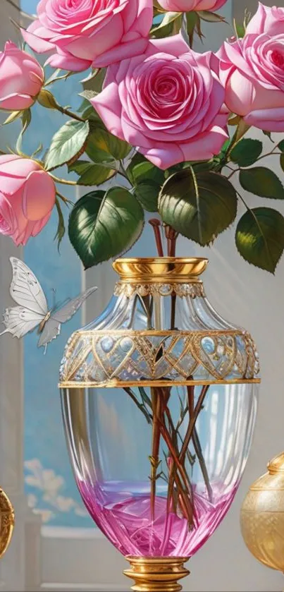 Pink roses in a crystal vase with gold accents and a butterfly.
