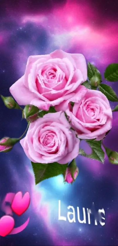 Pink roses on a cosmic galaxy background with name Laurie.