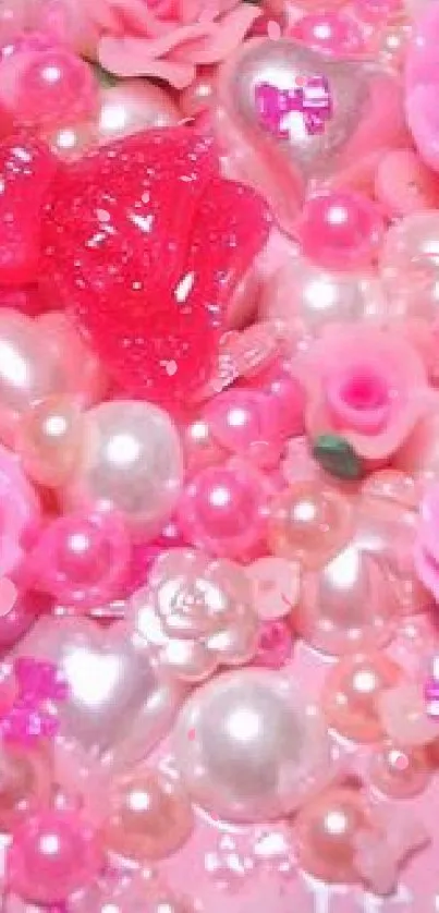 Pink roses, pearls, and heart shapes on a soft pink background.