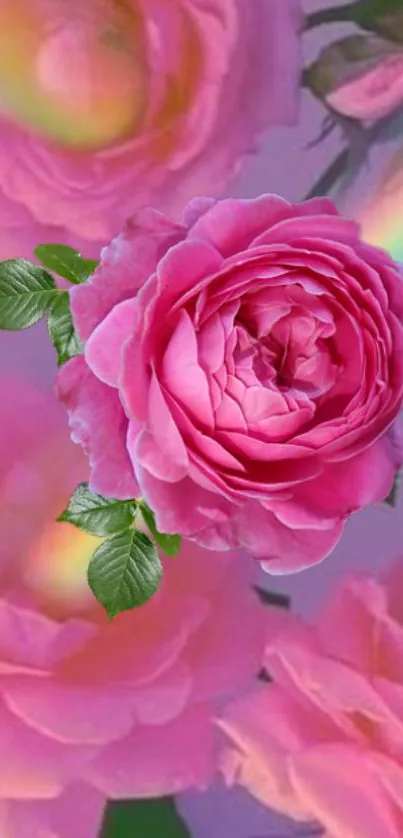 Stunning pink roses with rainbow hues on phone wallpaper.