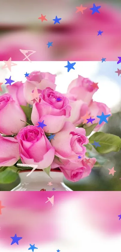 Pink roses bouquet with colorful star overlay.