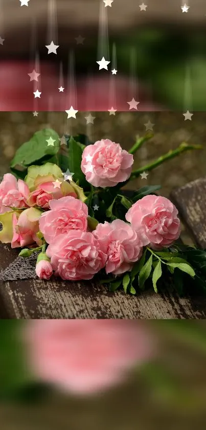 Pink roses on wooden bench with stars above, mobile wallpaper.