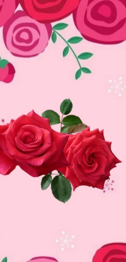 Elegant pink roses on artistic floral wallpaper background.