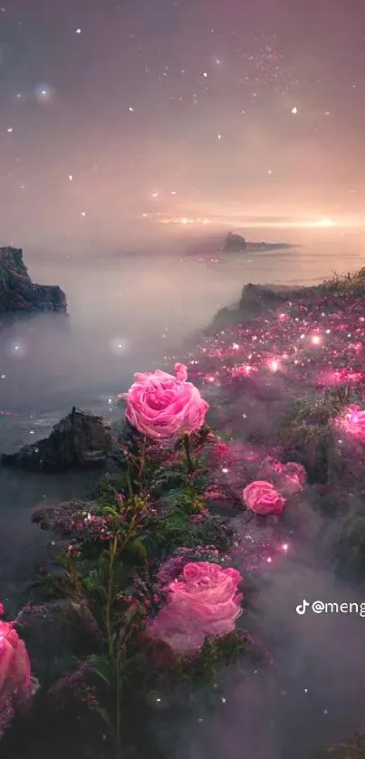 Misty coast with pink roses and serene evening sky.