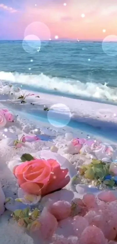 Scenic beach with pink roses and turquoise sea under pastel sky.