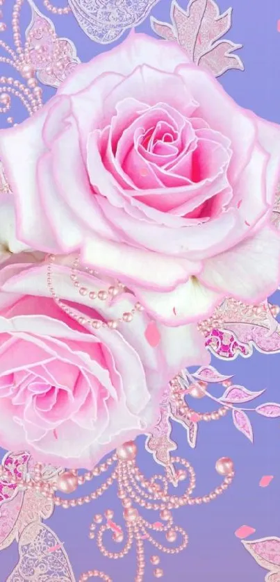 Pink roses with a delicate floral design on a lavender background.