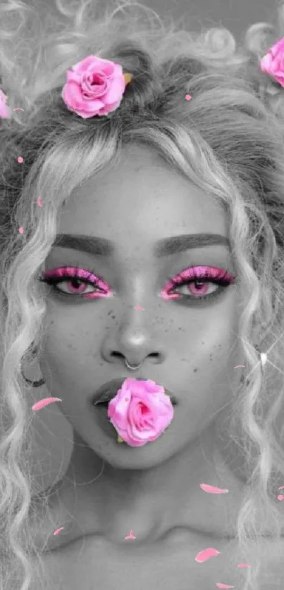 Ethereal portrait with pink roses and soft curls on mobile wallpaper.