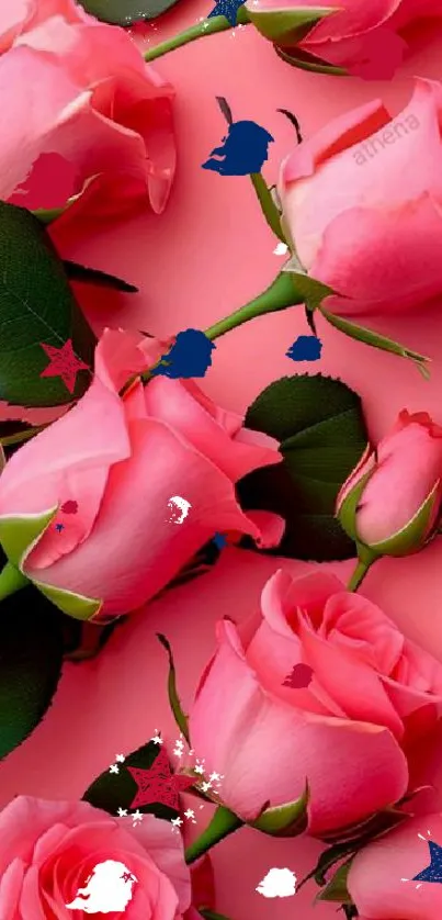 Pink roses with green leaves on a vibrant background.