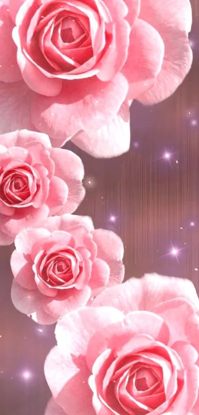 Pink roses with glitter on a soft floral wallpaper background.