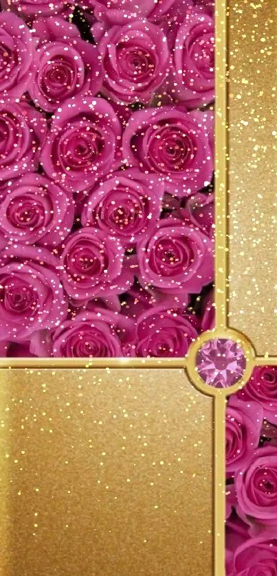 Elegant wallpaper featuring pink roses and gold accents.