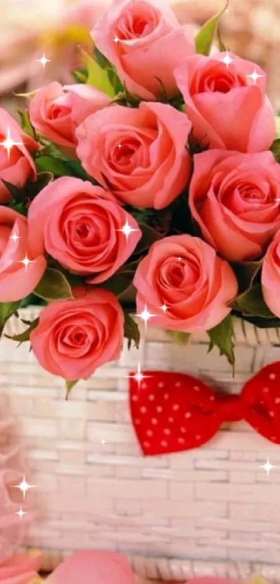 Pink roses arranged in a white basket with a red bow.