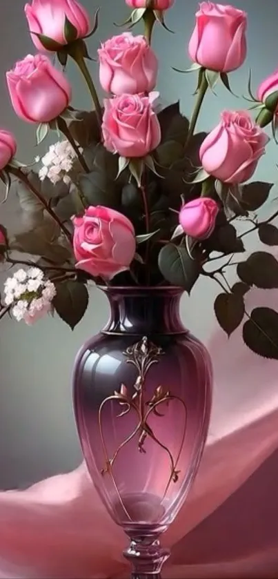 Arrangement of pink roses in an elegant vase with soft, flowing background.