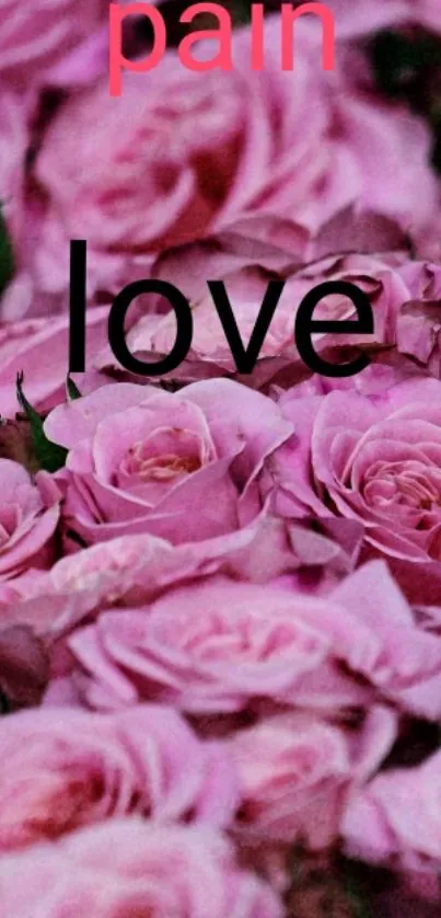 Mobile wallpaper of pink roses with words 'pain' and 'love' depicted.