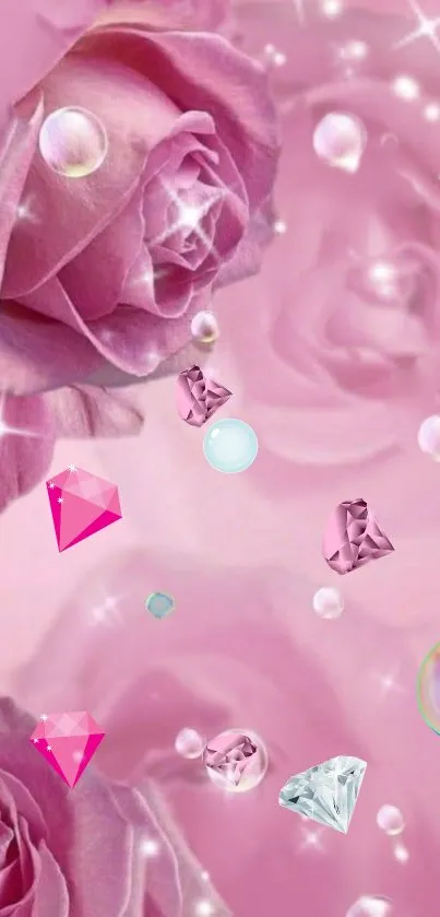 Mobile wallpaper with pink roses and sparkling bubbles.