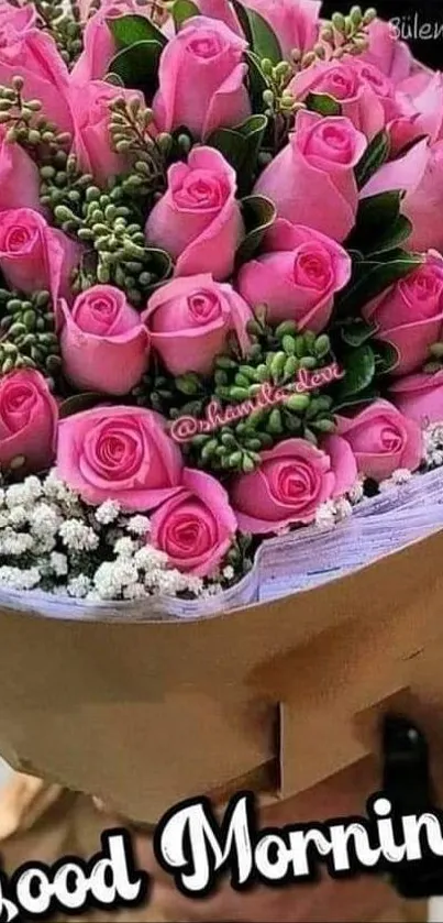 Pink rose bouquet with 'Good Morning' text.