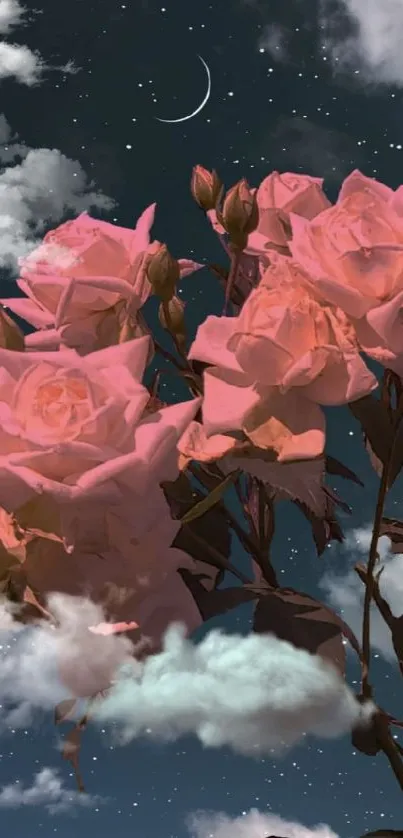 Pink roses against a starry night sky background.