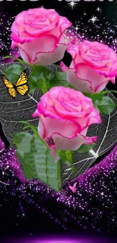 Mobile wallpaper with pink roses, stars, and a butterfly on a black background.