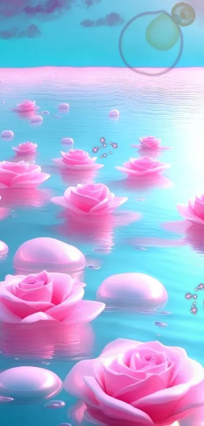 Pink roses floating on calm blue water with soft reflections.